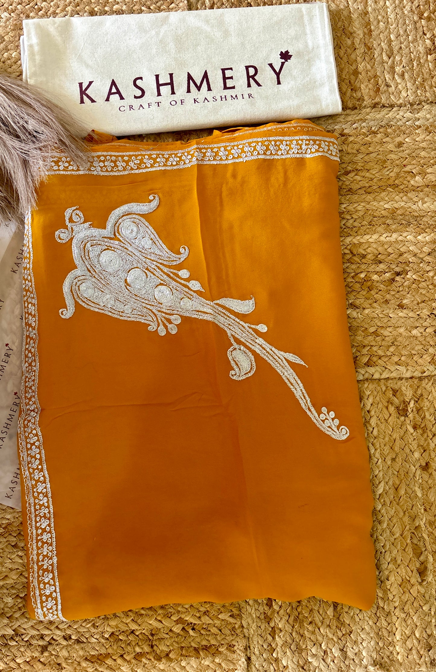 Omang Mustard Crepe Saree with Kashmiri Tilla Embroidery