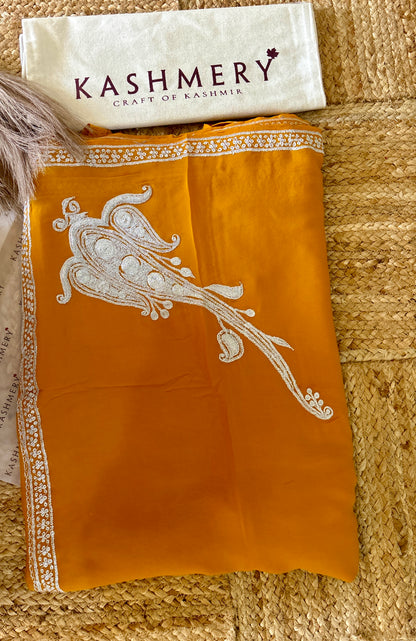 Omang Mustard Crepe Saree with Kashmiri Tilla Embroidery
