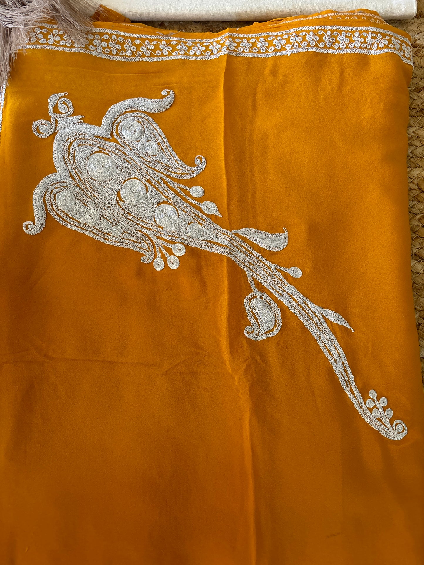 Omang Mustard Crepe Saree with Kashmiri Tilla Embroidery