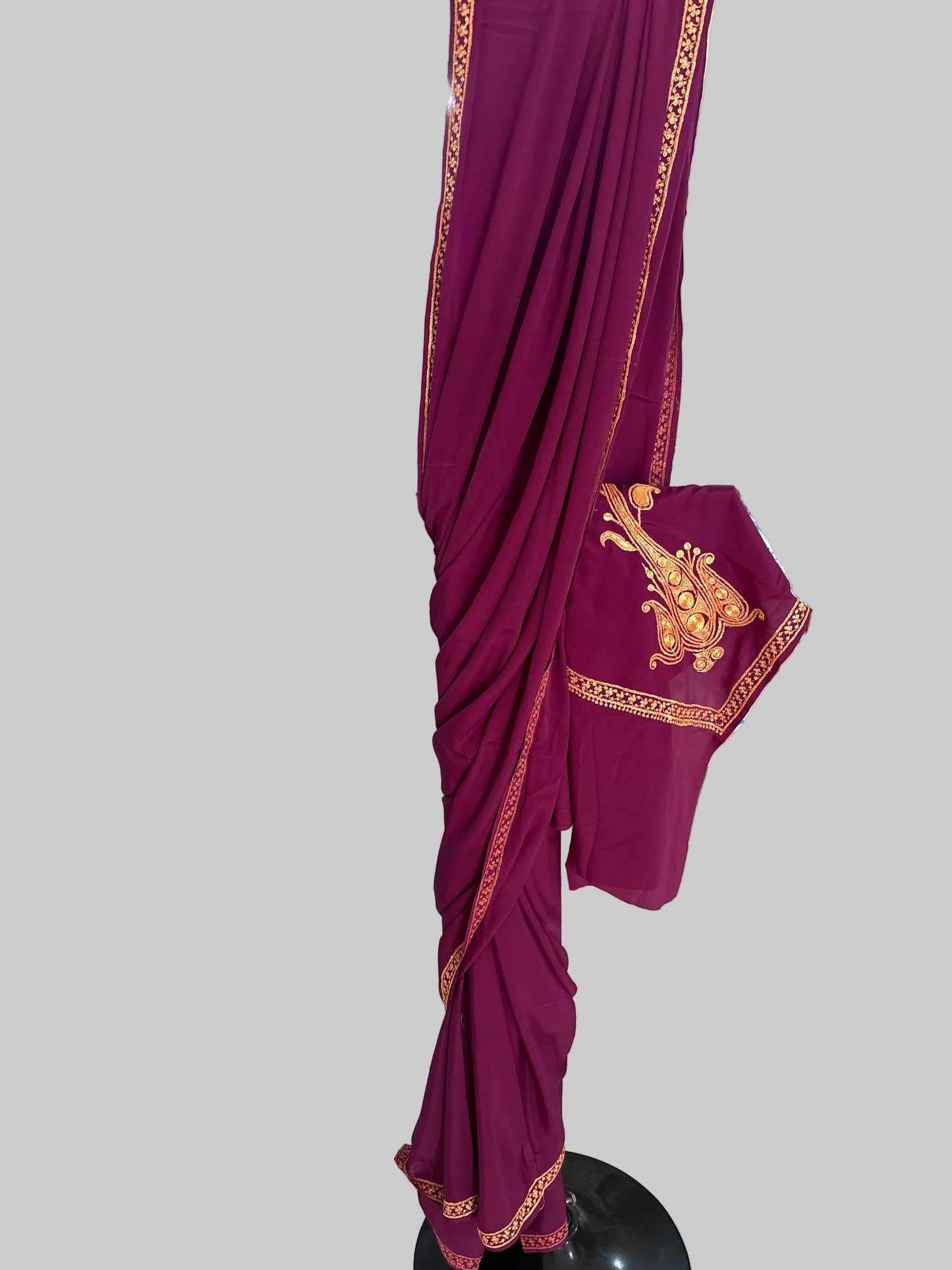 Omang Purple Crepe Saree with Kashmiri Tilla Embroidery