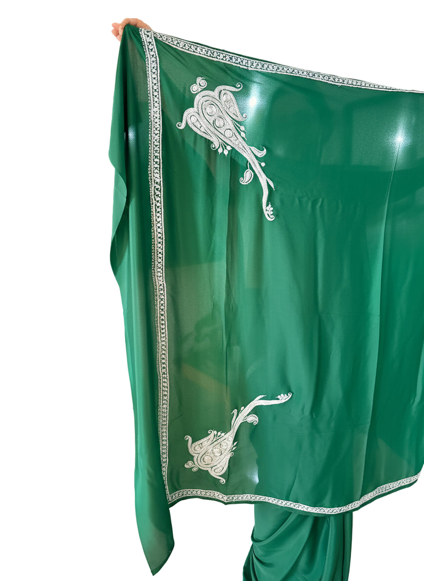 Omang Green Crepe Saree with Kashmiri Silver Tilla Embroidery