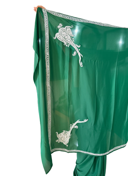 Omang Green Crepe Saree with Kashmiri Silver Tilla Embroidery
