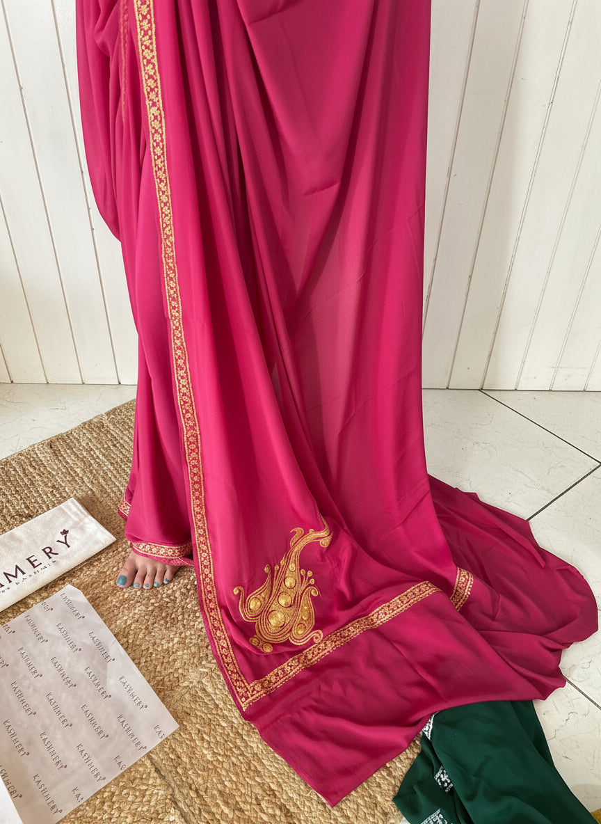 Omang Pink Crepe Saree with Kashmiri Tilla Embroidery
