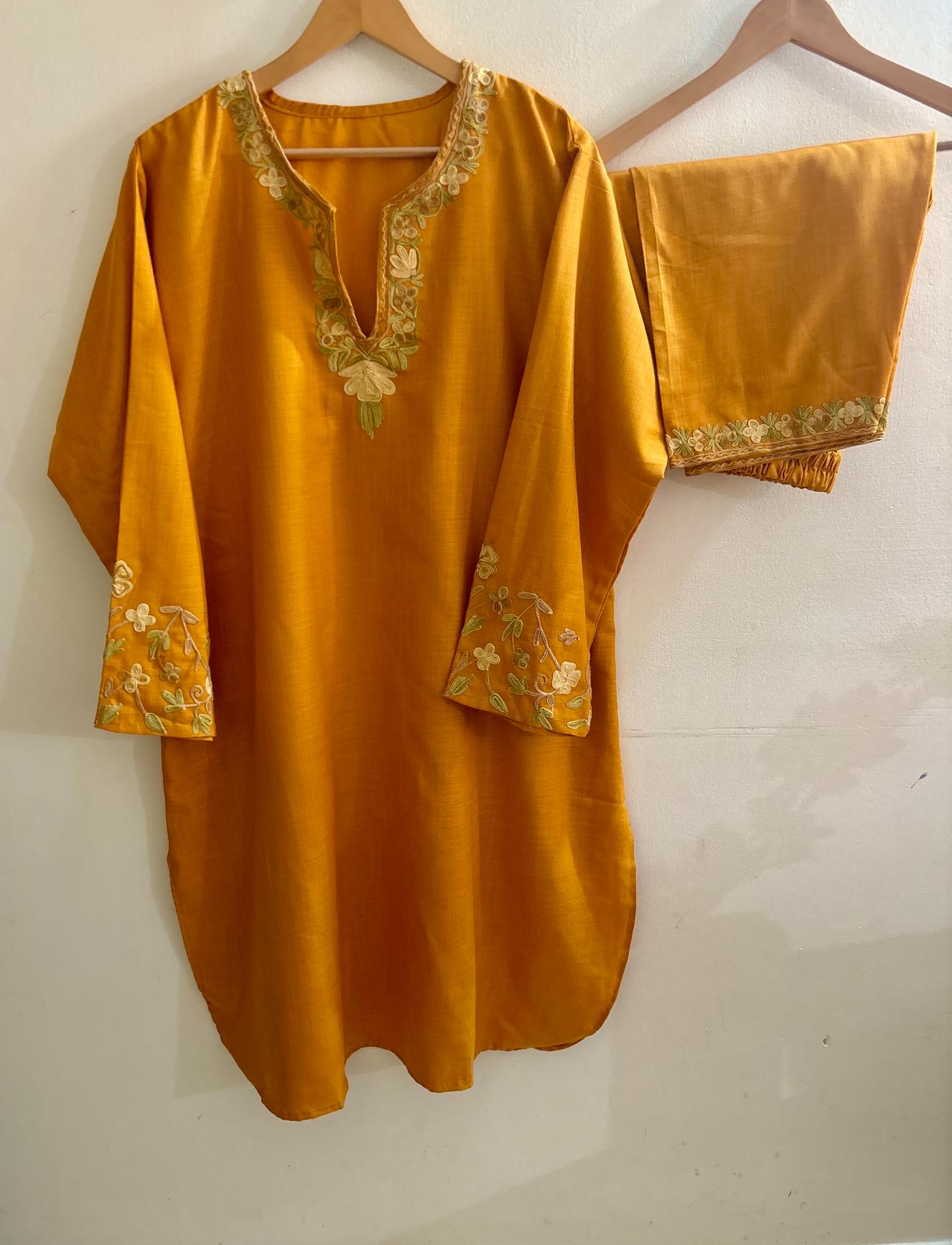 Pamposh Mustard Premium Mutli Color Aari Embroidered Kurta Set – Summer Edition