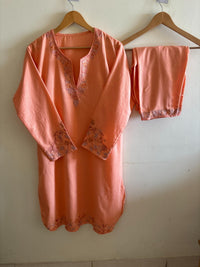 Pamposh Peach Premium Sellf Aari Embroidered Kurta Set – Summer Edition