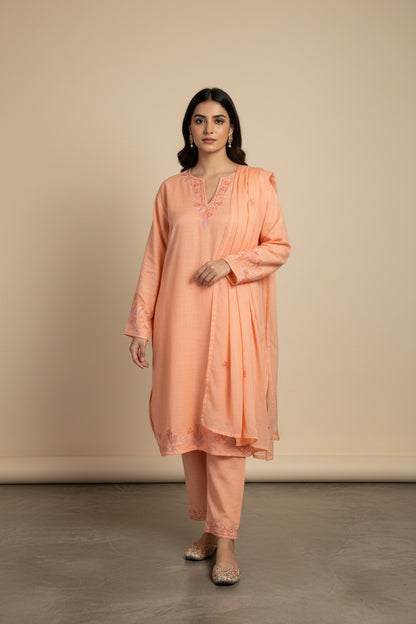 Pamposh Peach Premium Sellf Aari Embroidered Kurta Set – Summer Edition