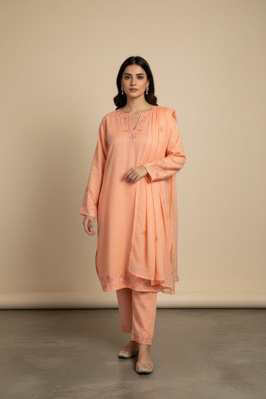 Pamposh Peach Premium Sellf Aari Embroidered Kurta Set – Summer Edition