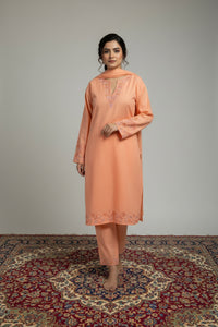 Pamposh Peach Premium Sellf Aari Embroidered Kurta Set – Summer Edition