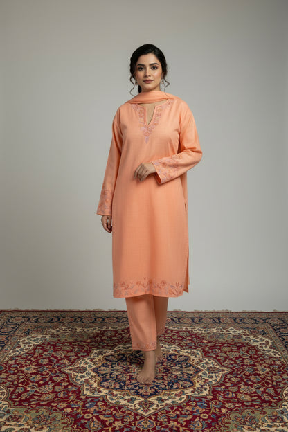 Pamposh Peach Premium Sellf Aari Embroidered Kurta Set – Summer Edition
