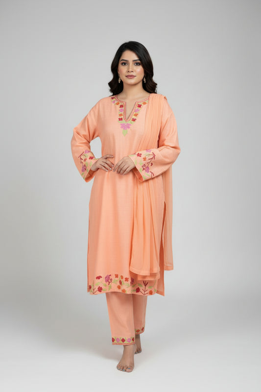Pamposh Peach Premium Mutli Color Aari Embroidered Kurta Set – Summer Edition