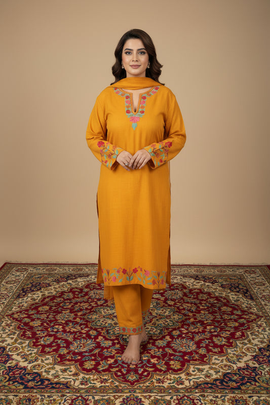Pamposh Mustard Premium Mutli Color Aari Embroidered Kurta Set – Summer Edition