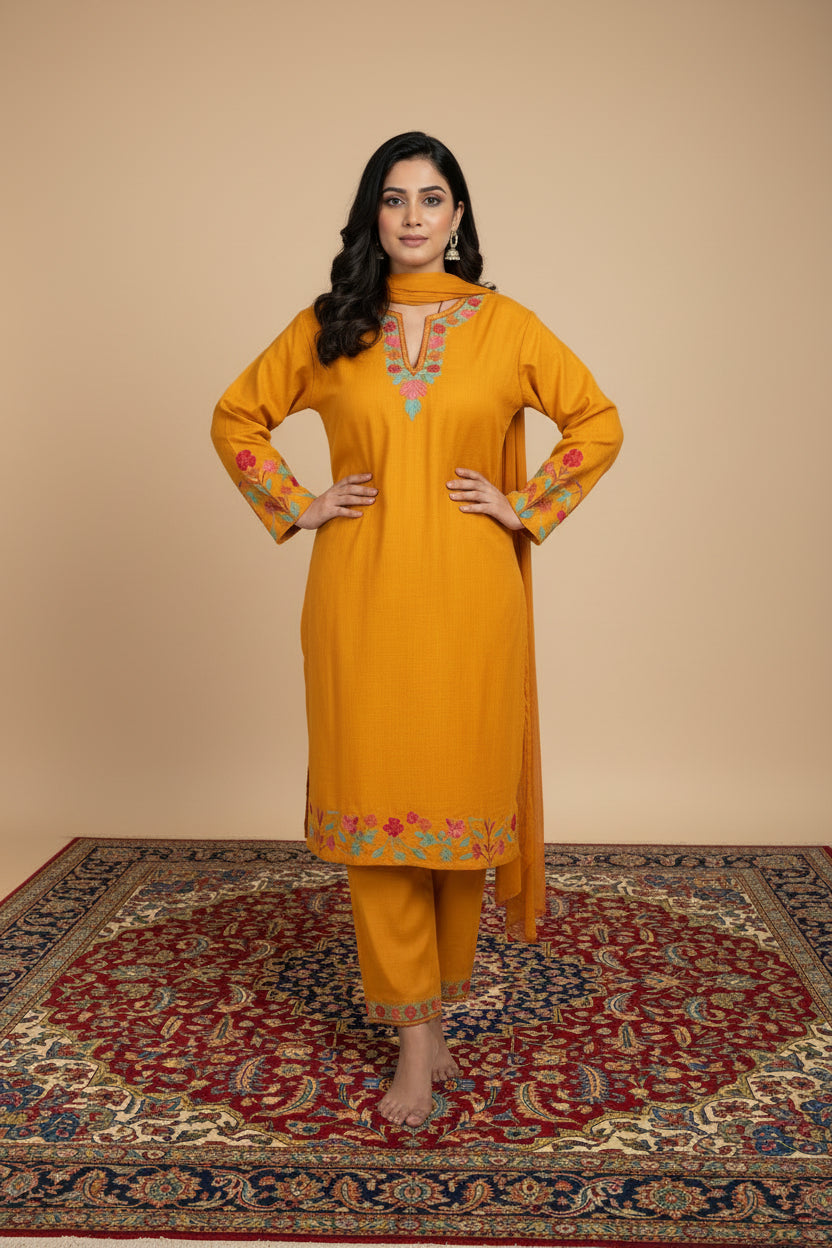 Pamposh Mustard Premium Mutli Color Aari Embroidered Kurta Set – Summer Edition