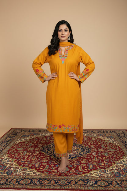 Pamposh Mustard Premium Mutli Color Aari Embroidered Kurta Set – Summer Edition