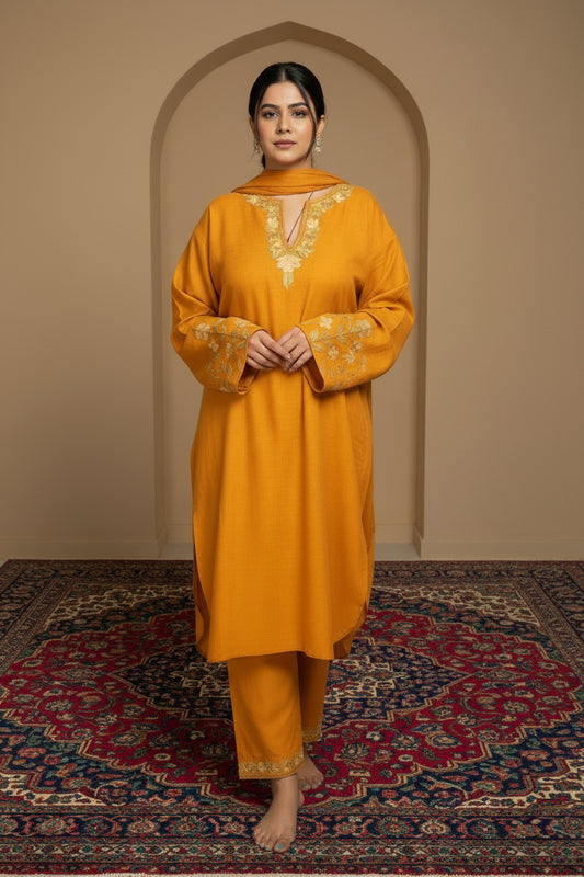 Pamposh Mustard Premium Mutli Color Aari Embroidered Kurta Set – Summer Edition