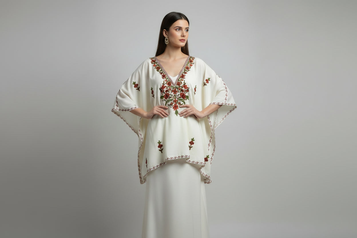 Women White Short Kaftan with Aari Work Embroidery