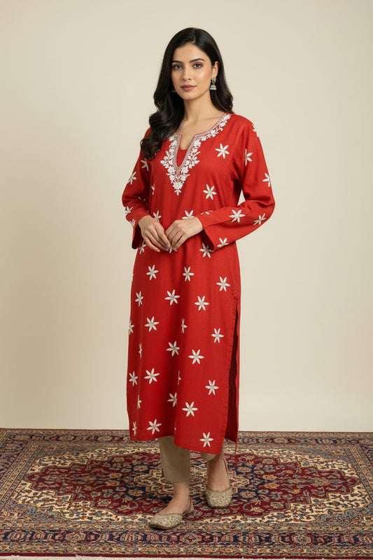 Sheena Royal Rust Orange Hand Made Aari Work Pheran