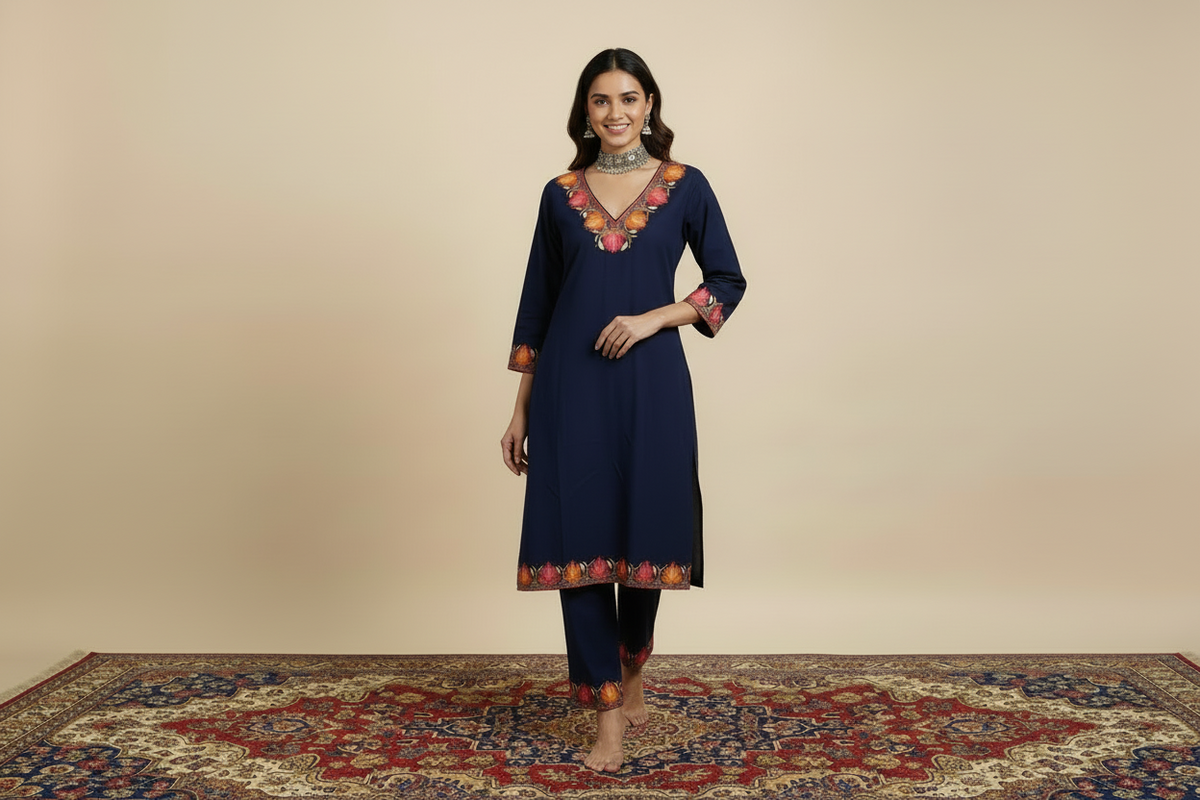 Gulaab Navy Blue Aari Embroidery Work Kurta Cord Set for Winter