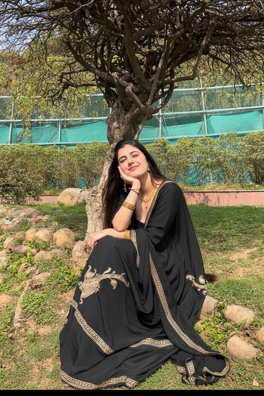 Omang Black Crepe Saree with Kashmiri Tilla Embroidery