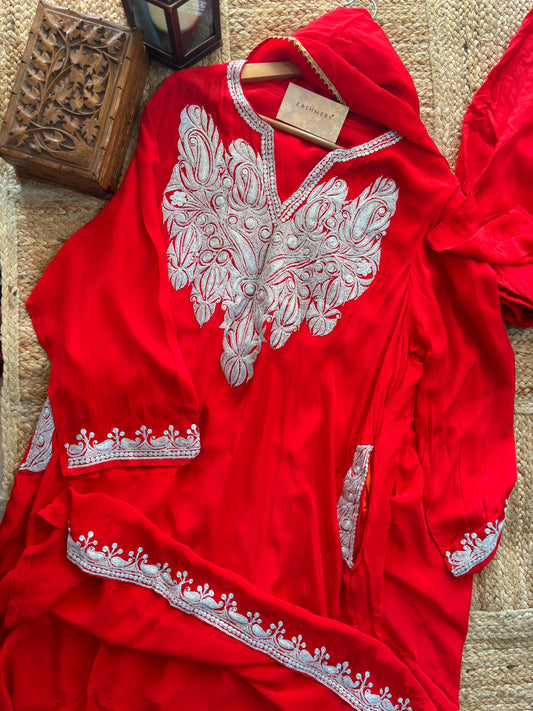 Leela Stitched Red Premium Crepe Suit Set with Tilla Embroidery