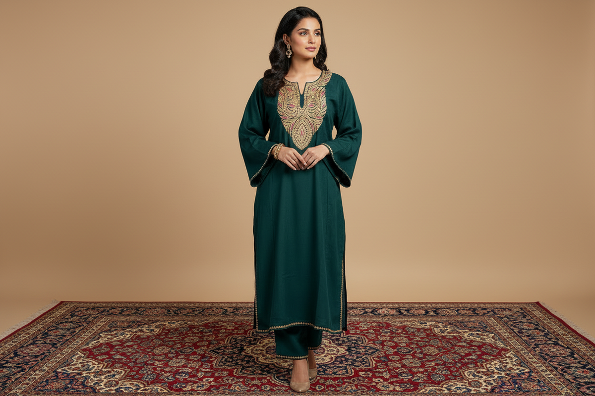 Zooni Bottle Green Tilla  Embroidery Work Pheran Set