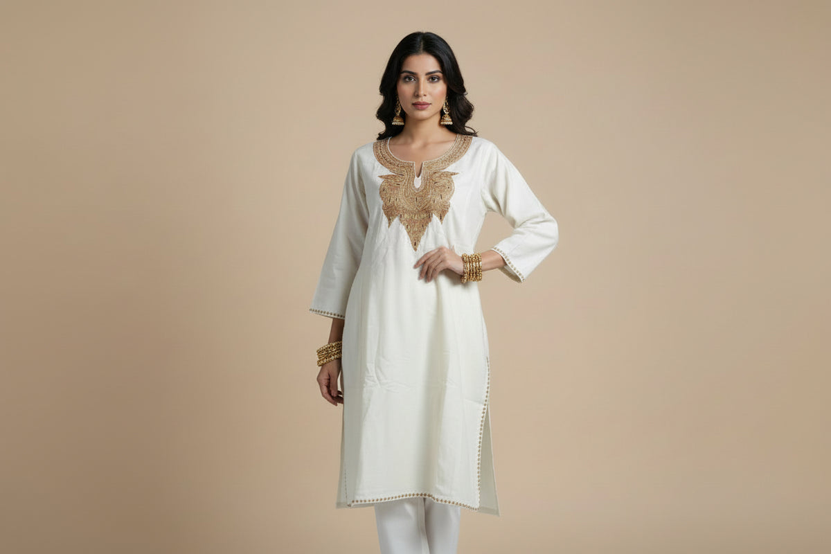 Zooni Off White Tilla Embroidery Work Pheran Set -3 pc