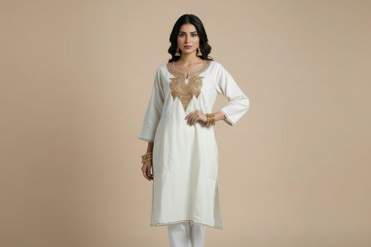 Zooni Off White Tilla Embroidery Work Pheran Set -3 pc