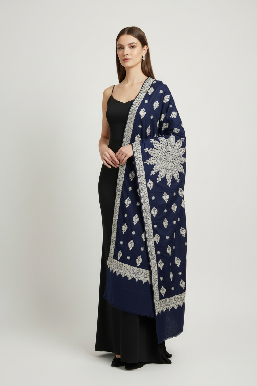 Waadi Royal Dusky Bule Shawl with  Silver Tilla Work