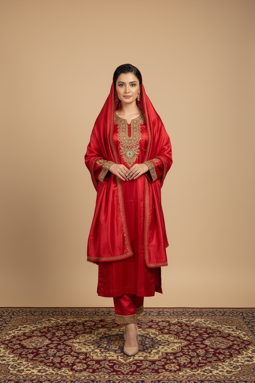 Leela Stitched Rust Red Tilla Suit Set with Tilla Embroidery