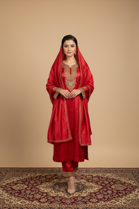 Leela Stitched Rust Red Tilla Suit Set with Tilla Embroidery