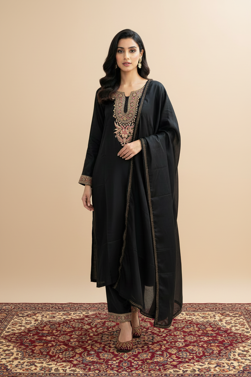 Leela Stitched Black Tilla Suit Set with Dupatta