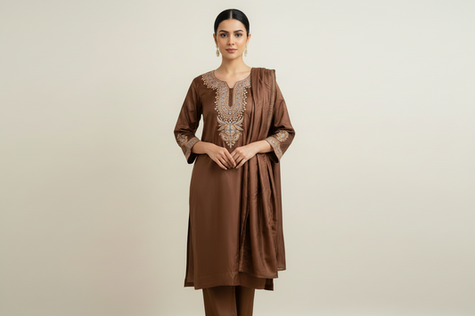 Leela Stitched Brown Tilla Suit Set with Dupatta
