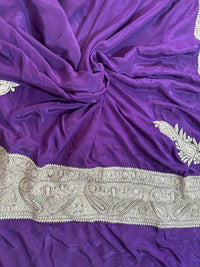 Mahren Purple Crepe Saree With  Premium Kashmiri Tilla Embroidery