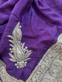 Mahren Purple Crepe Saree With  Premium Kashmiri Tilla Embroidery