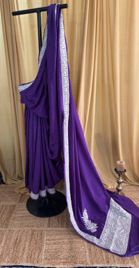 Mahren Purple Crepe Saree With  Premium Kashmiri Tilla Embroidery