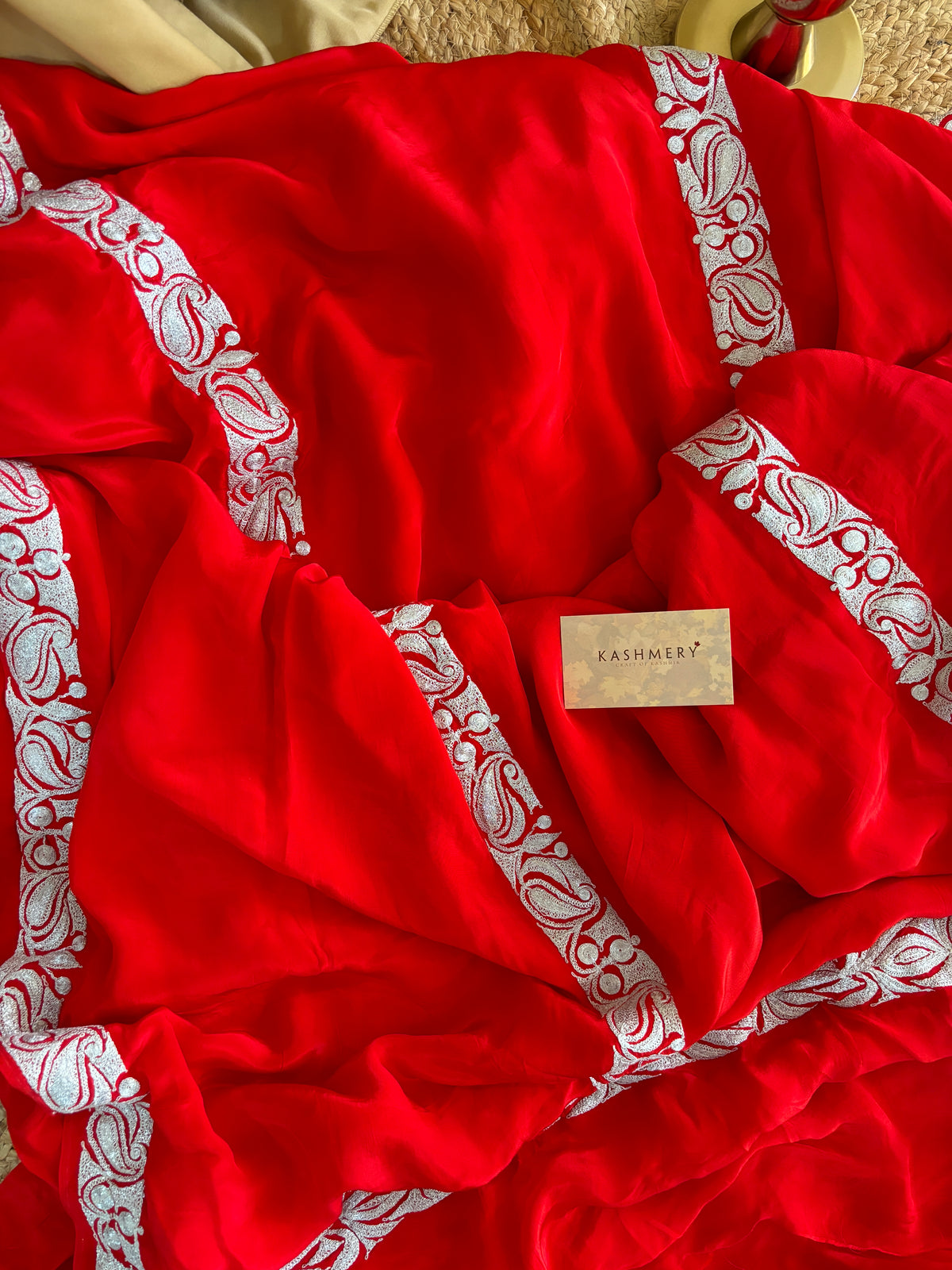 Mahren Red Crepe Saree With Kashmiri Silver Tilla Embroidery