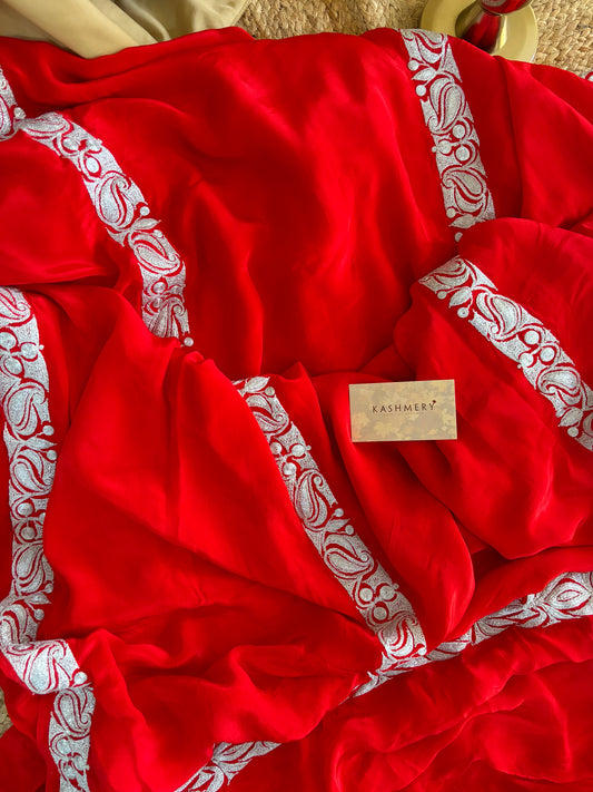 Mahren Red Crepe Saree With Kashmiri Silver Tilla Embroidery