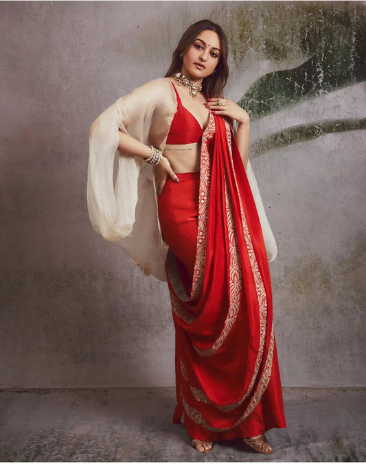 Mahren Red Crepe Saree With Kashmiri Silver Tilla Embroidery