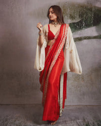 Mahren Red Crepe Saree With Kashmiri Silver Tilla Embroidery