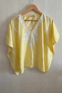 Lailaa Light Yellow Short Kaftan with Aari Work Embroidery
