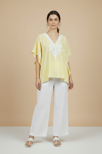 Lailaa Light Yellow Short Kaftan with Aari Work Embroidery