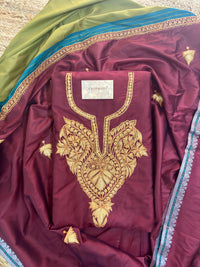 Nayna Maroon Unstiched Mysore Silk Suit with Tilla Embroidery