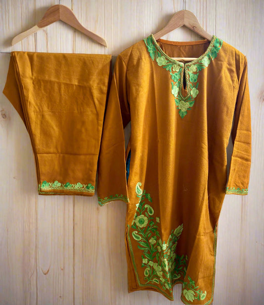 Gulaab Mustard with Green Aari  Embroidery Work Phiran Cord Set