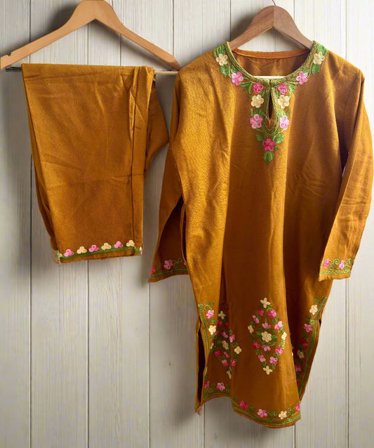 Gulaab Mustard with Multi Colour Aari Embroidery Work Phiran Cord Set