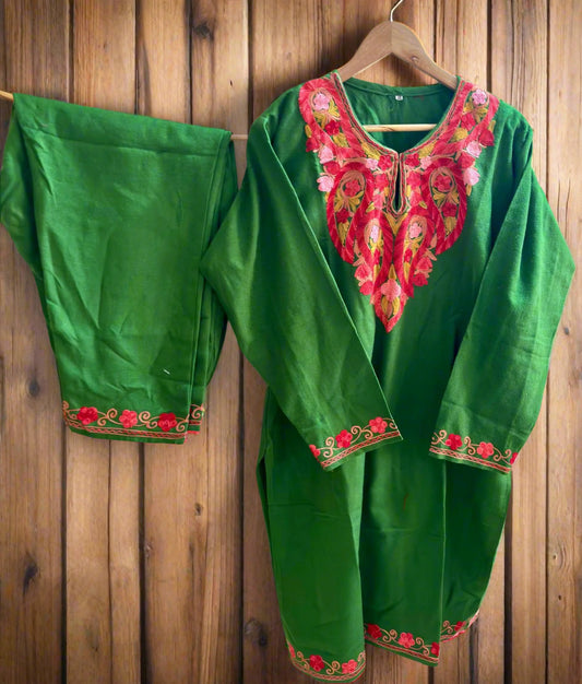 Gulaab Green Aari Embroidery Work Phiran Cord Set