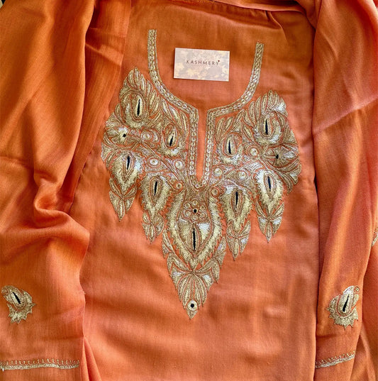 Premium Pastel Orange Unstiched Suit with Tilaa Embroidery