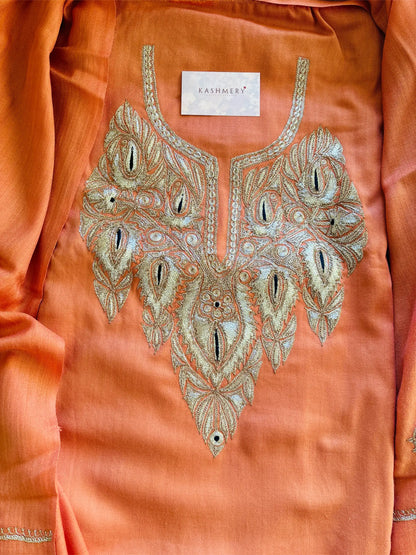 Premium Pastel Orange Unstiched Suit with Tilaa Embroidery