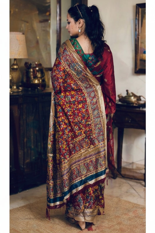 Lailaa Maroon Pashmina print Saree + Summer Shawl