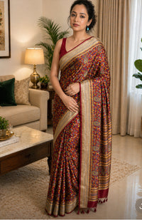 Lailaa Maroon Pashmina print Saree + Summer Shawl
