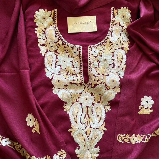 Maroon Unstiched Suit with Aari Embroidery