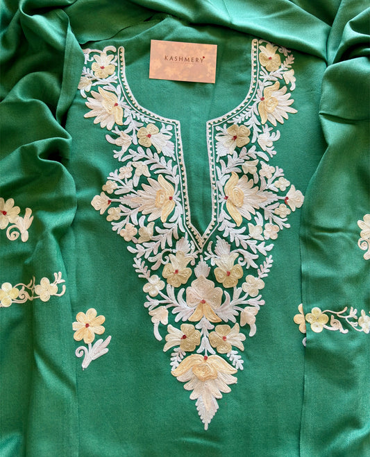 Green Unstiched Suit with Aari Embroidery